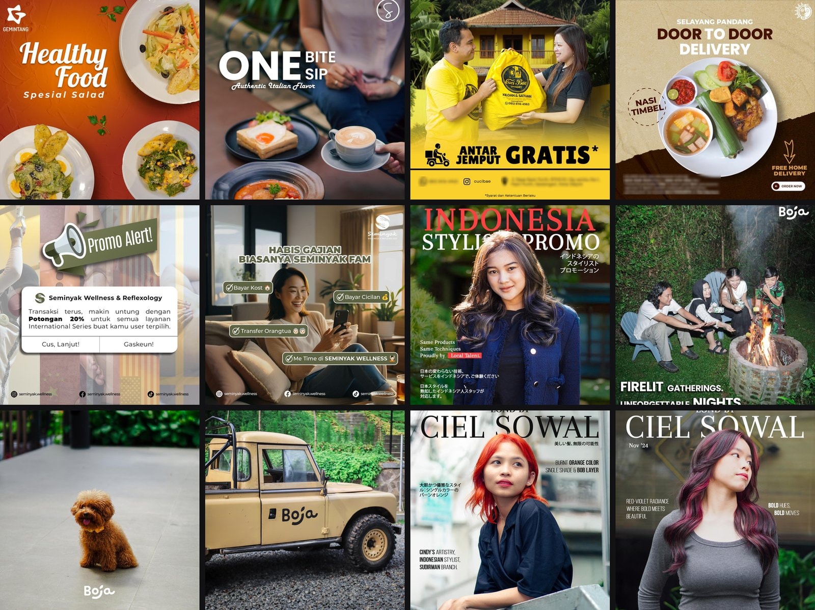 Grid dua belas desain konten Instagram dari berbagai brand, termasuk promo salon bergaya sampul majalah, menu makanan sehat, layanan antar jemput laundry, promo wellness, dan suasana agrowisata