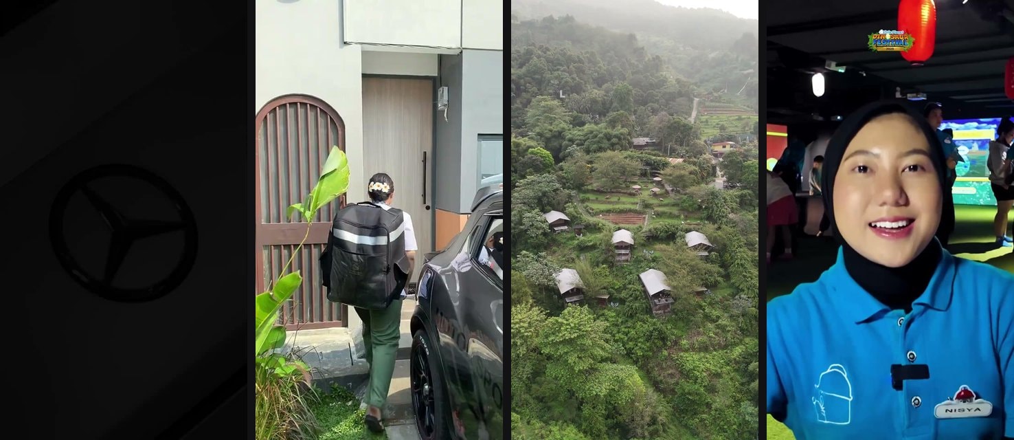 Empat potongan frame video vertikal: logo mobil di latar gelap, orang membawa barang di depan rumah, deretan vila di perbukitan berkabut, dan staf berseragam biru yang tersenyum ke kamera