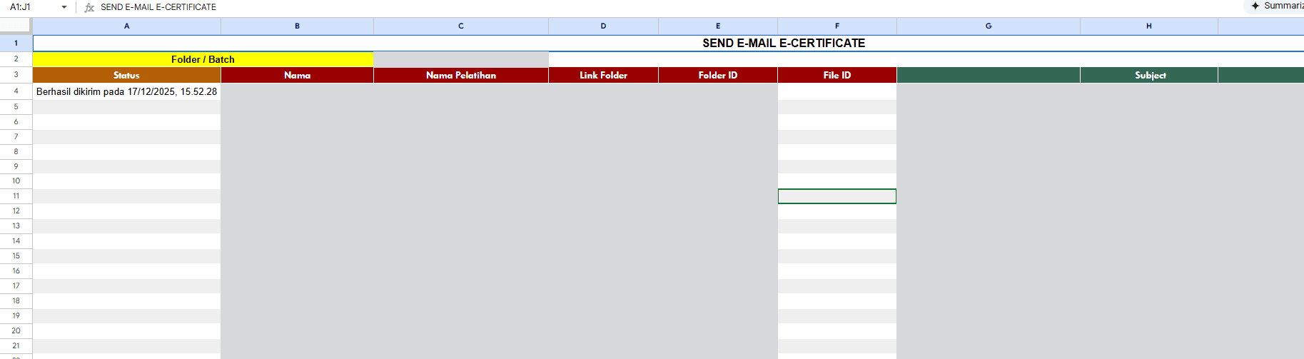 Sheet Send E-mail E-Certificate dengan kolom status yang mencatat waktu email berhasil dikirim, dengan data peserta disamarkan