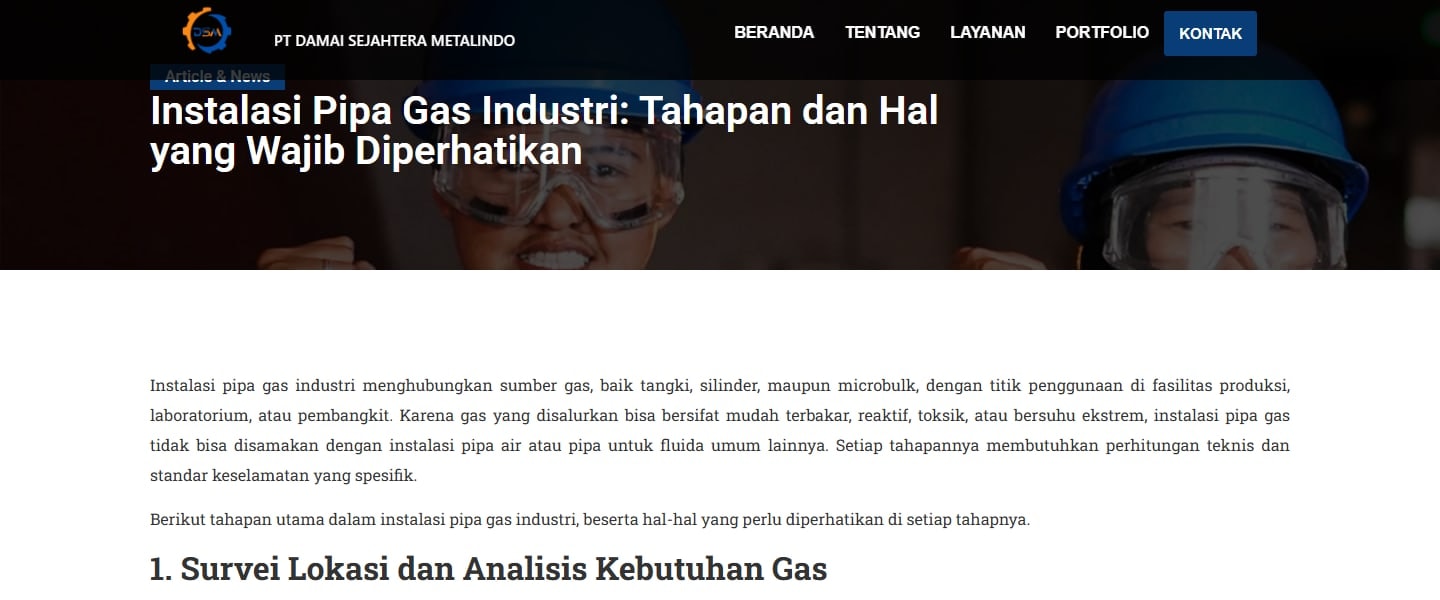 Artikel Instalasi Pipa Gas Industri: Tahapan dan Hal yang Wajib Diperhatikan di dsmetalindo.com, dengan paragraf pembuka dan subjudul 1. Survei Lokasi dan Analisis Kebutuhan Gas