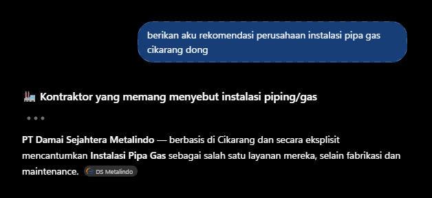 Jawaban ChatGPT untuk permintaan rekomendasi perusahaan instalasi pipa gas Cikarang yang menyebut PT Damai Sejahtera Metalindo berbasis di Cikarang dan mencantumkan Instalasi Pipa Gas sebagai salah satu layanannya