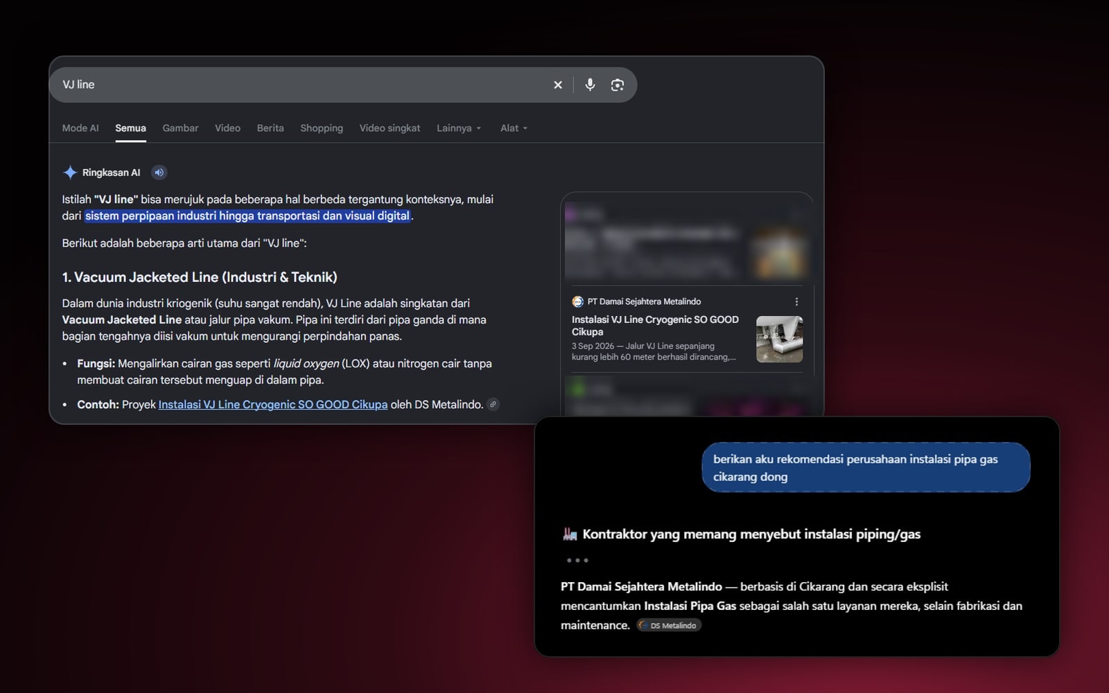 Kolase Ringkasan AI Google untuk pencarian VJ line yang mengutip PT Damai Sejahtera Metalindo, dan jawaban ChatGPT yang menyebut DSM sebagai kontraktor instalasi pipa gas di Cikarang