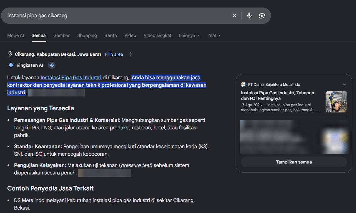 Ringkasan AI Google untuk pencarian instalasi pipa gas cikarang dengan kartu sumber artikel PT Damai Sejahtera Metalindo dan poin DS Metalindo melayani kebutuhan instalasi pipa gas industri di sekitar Cikarang