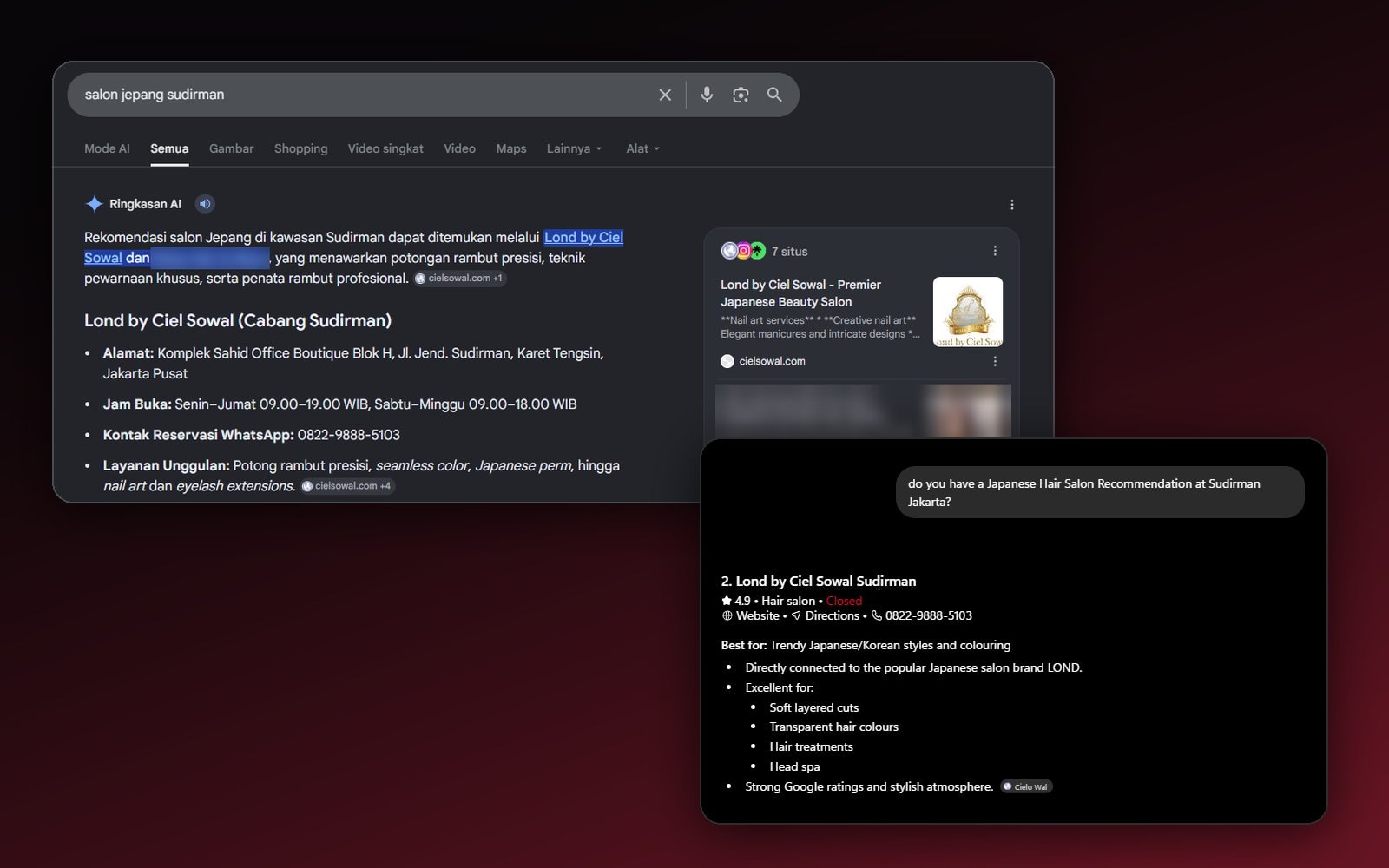 Kolase Ringkasan AI Google untuk pencarian salon jepang sudirman yang menyebut Lond by Ciel Sowal Cabang Sudirman, dan jawaban ChatGPT yang merekomendasikan Lond by Ciel Sowal Sudirman