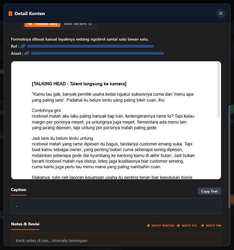 Jendela detail konten berisi preview dokumen brief, kolom caption dengan tombol copy, dan catatan revisi dengan tombol notifikasi