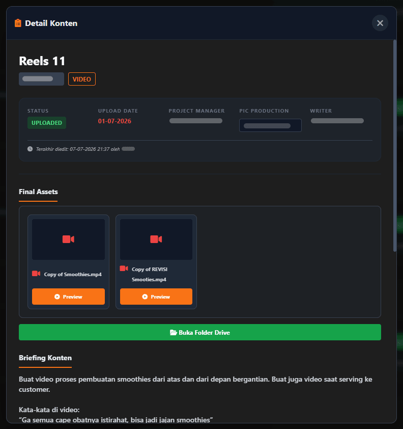 Jendela detail konten berisi status uploaded, tim, dan aset final berupa video dari folder Google Drive yang bisa di-preview