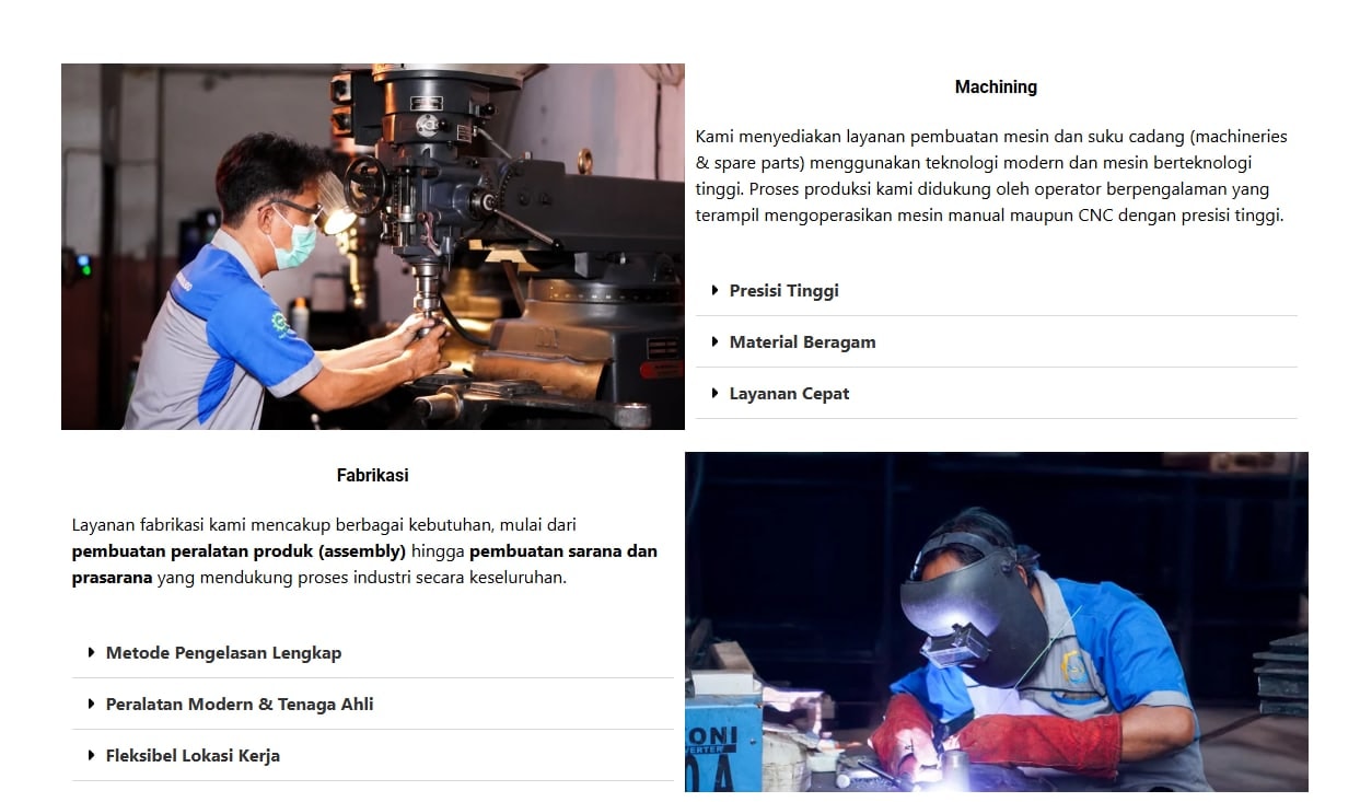 Bagian layanan Machining dan Fabrikasi di website DSM, masing-masing dengan foto operator mesin bubut dan tukang las di workshop