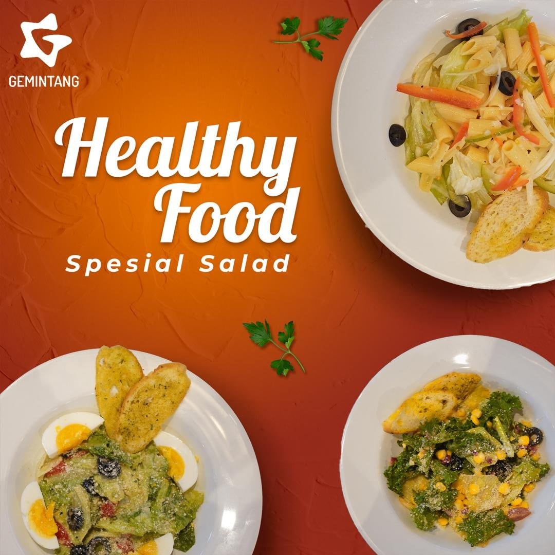 Desain konten Instagram Gemintang bertema Healthy Food Spesial Salad dengan logo Gemintang dan beberapa piring salad di latar oranye
