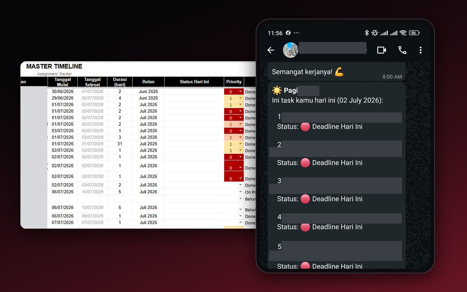 Screenshot asli sheet Master Timeline berisi tanggal, prioritas, dan status tugas, di samping ponsel yang menampilkan pesan WhatsApp daftar tugas hari ini, dengan nama dan isi tugas disamarkan